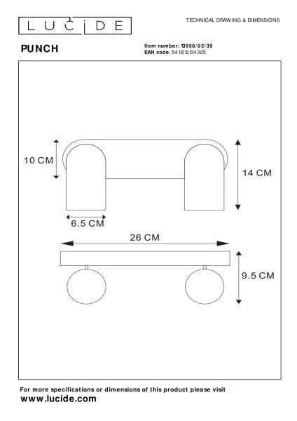 Lucide PUNCH - Spot plafond - 2xGU10 - Noir - TECHNISCH